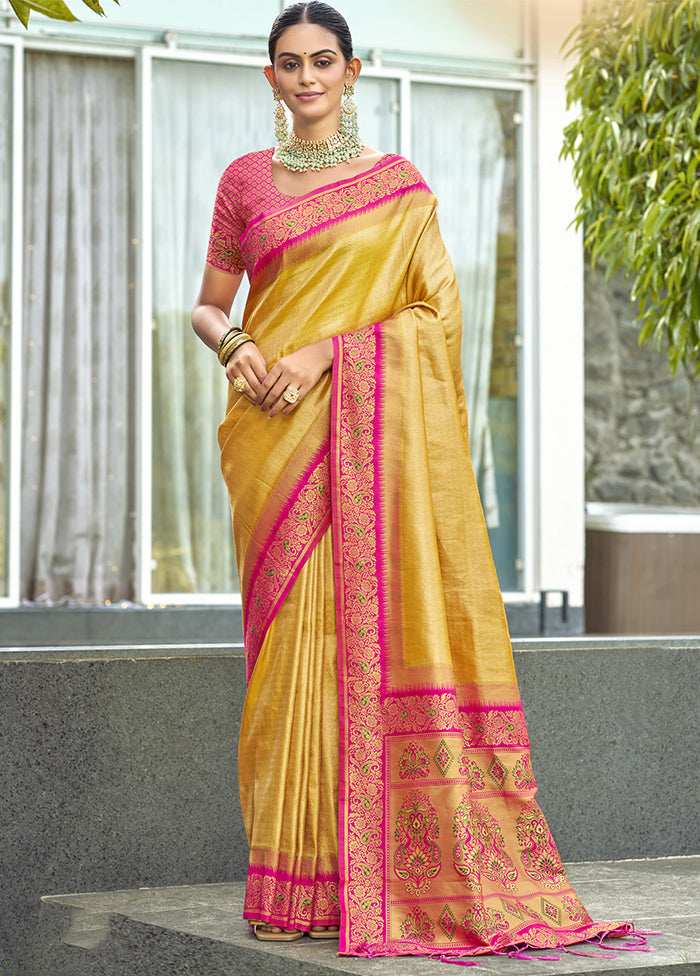 Yellow Dupion Silk Saree With Blouse Piece