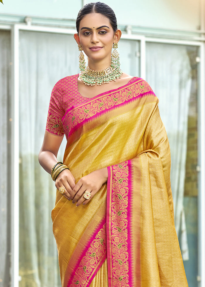 Yellow Dupion Silk Saree With Blouse Piece