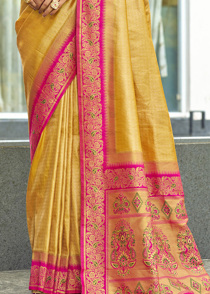 Yellow Dupion Silk Saree With Blouse Piece