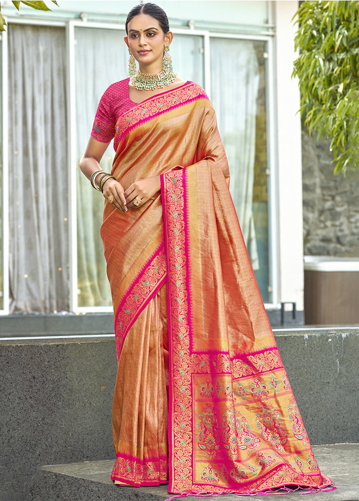 Peach Dupion Silk Saree With Blouse Piece