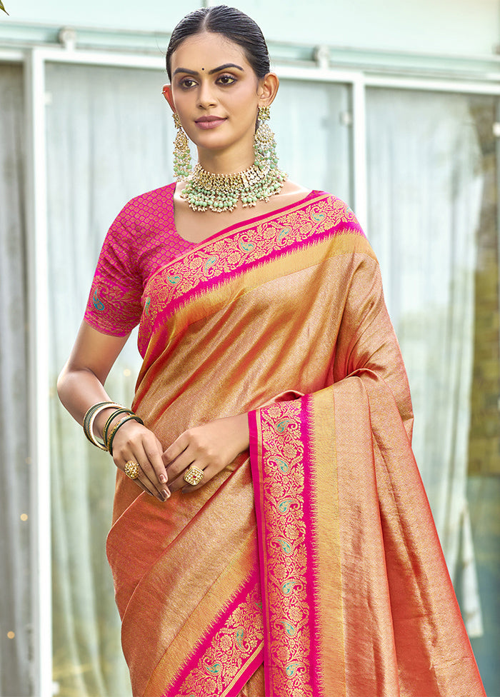 Peach Dupion Silk Saree With Blouse Piece