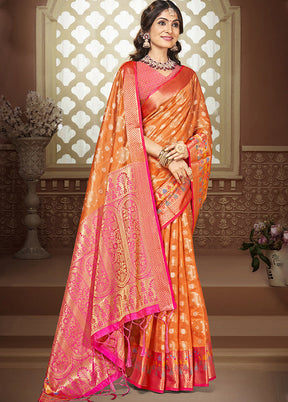 Orange Dupion Silk Saree With Blouse Piece