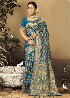 Blue Satin Silk Saree With Blouse Piece