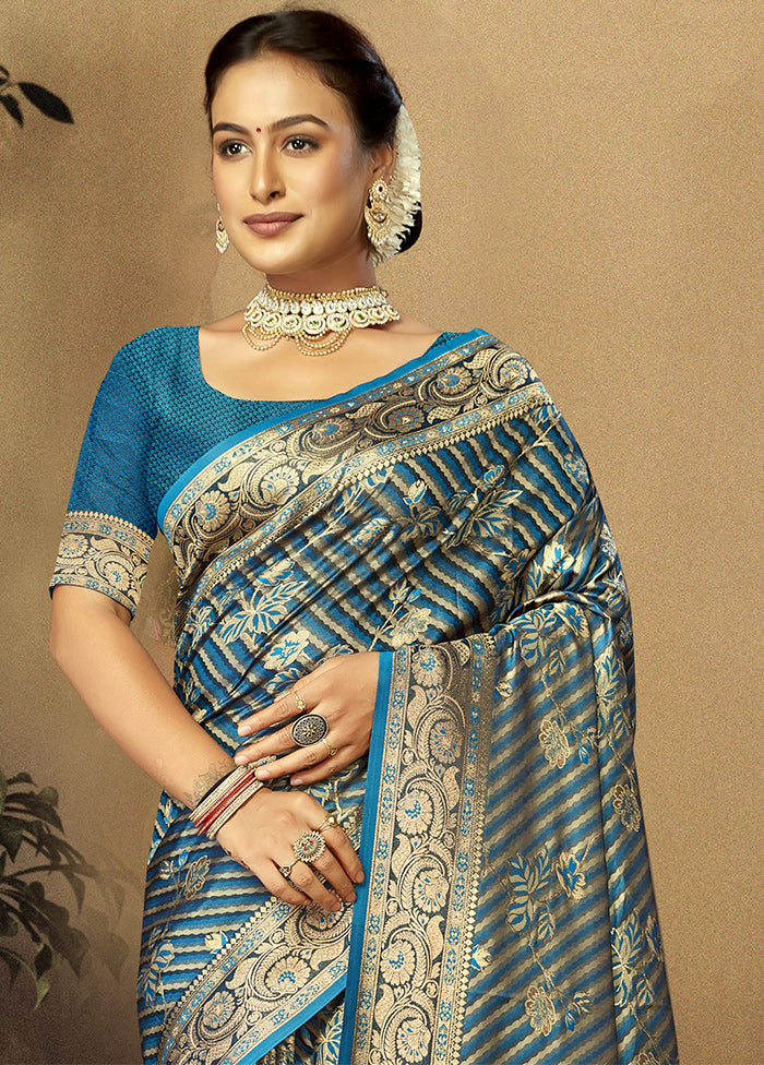 Blue Satin Silk Saree With Blouse Piece