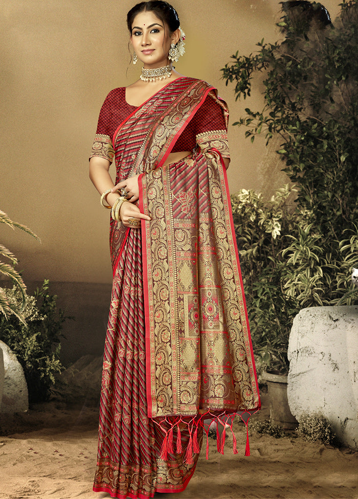 Red Satin Silk Saree With Blouse Piece