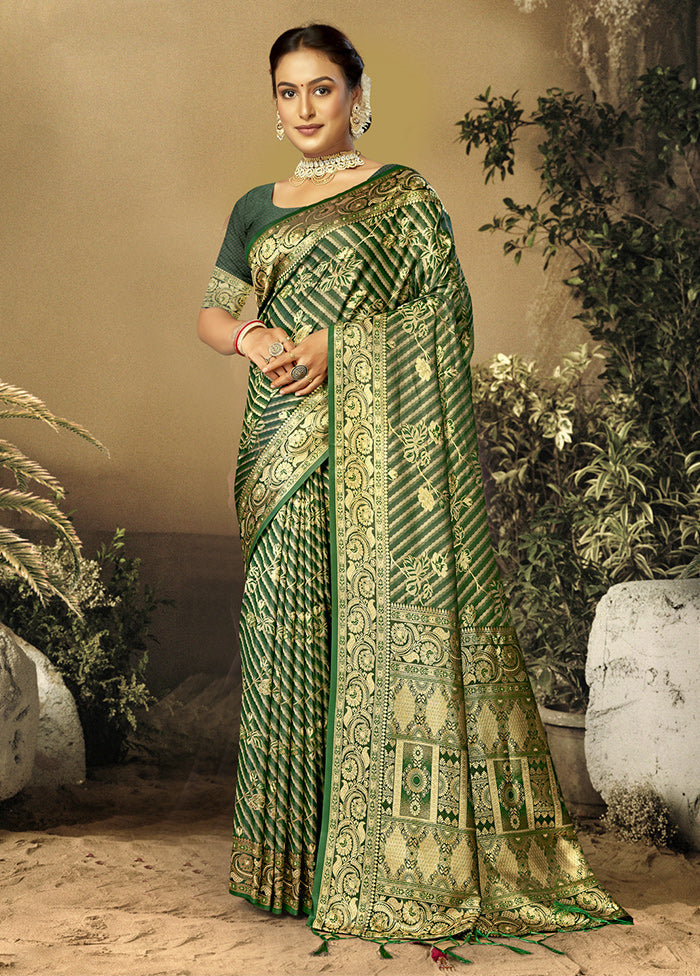 Green Satin Silk Saree With Blouse Piece