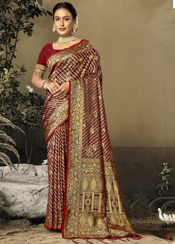 Maroon Satin Silk Saree With Blouse Piece