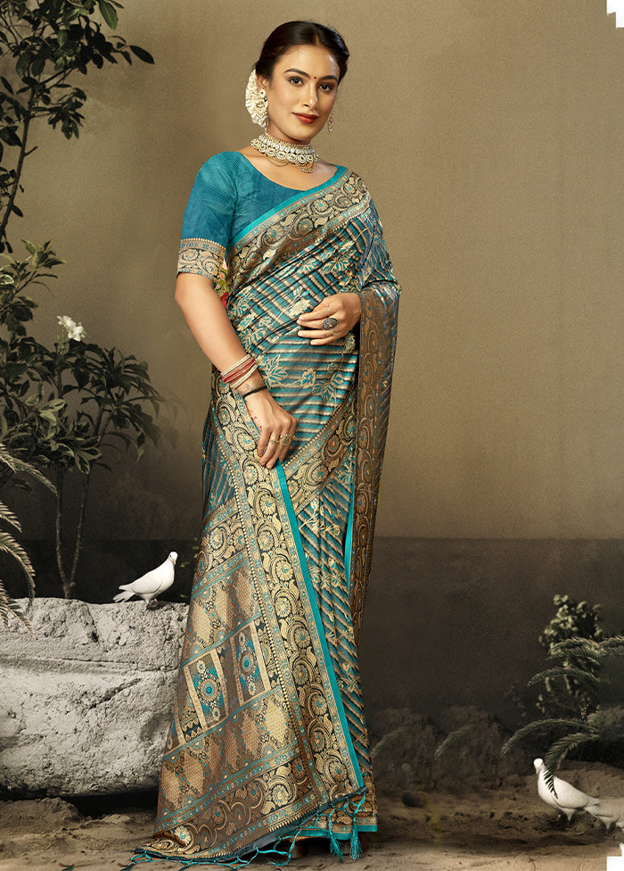 Sky Blue Satin Silk Saree With Blouse Piece