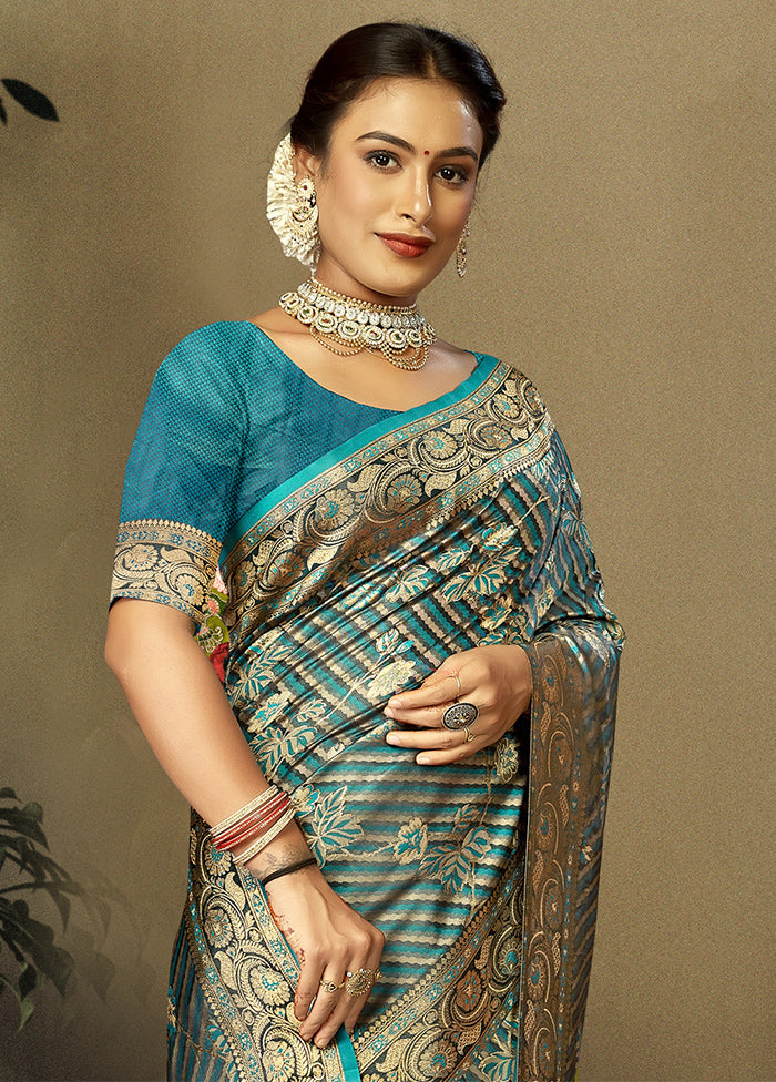 Sky Blue Satin Silk Saree With Blouse Piece