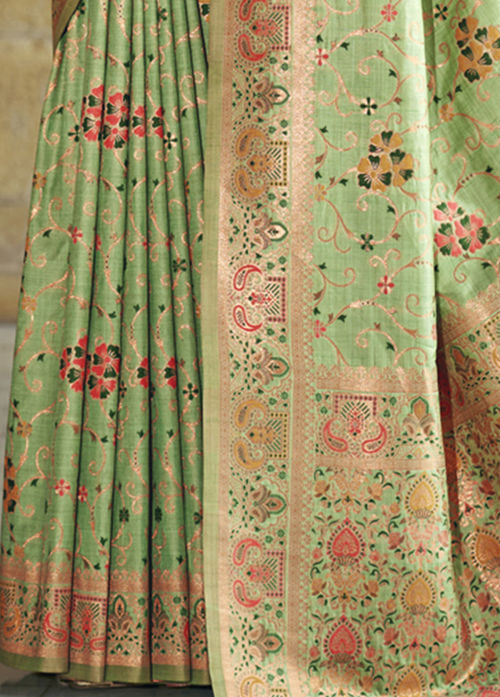 Pista Green Dupion Silk Saree With Blouse Piece