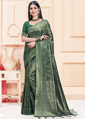 Green Satin Silk Saree With Blouse Piece