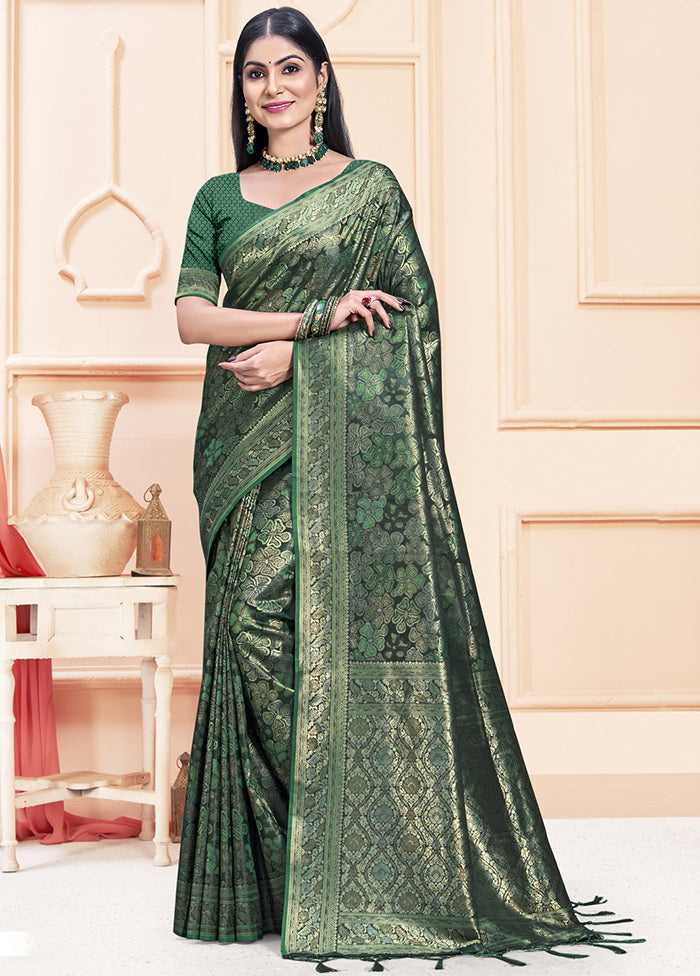 Green Satin Silk Saree With Blouse Piece