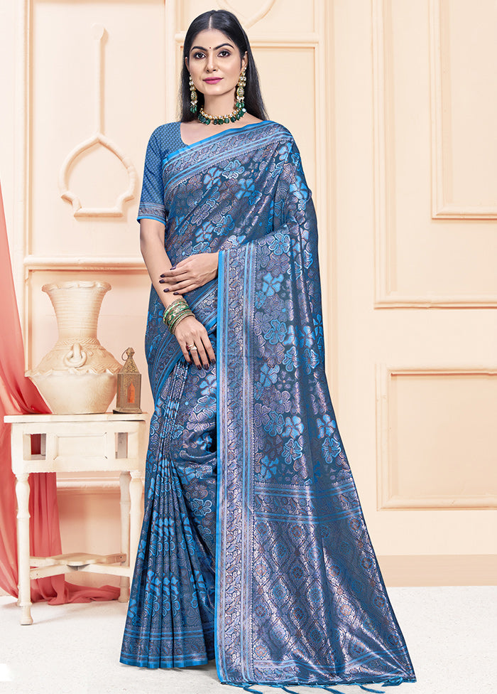 Blue Satin Silk Saree With Blouse Piece