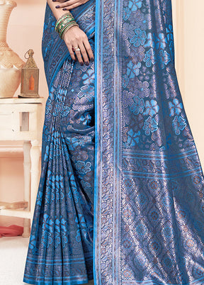 Blue Satin Silk Saree With Blouse Piece