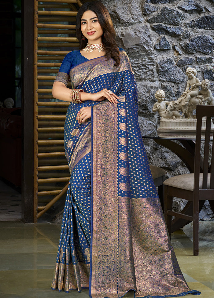 Blue Spun Silk Saree With Blouse Piece