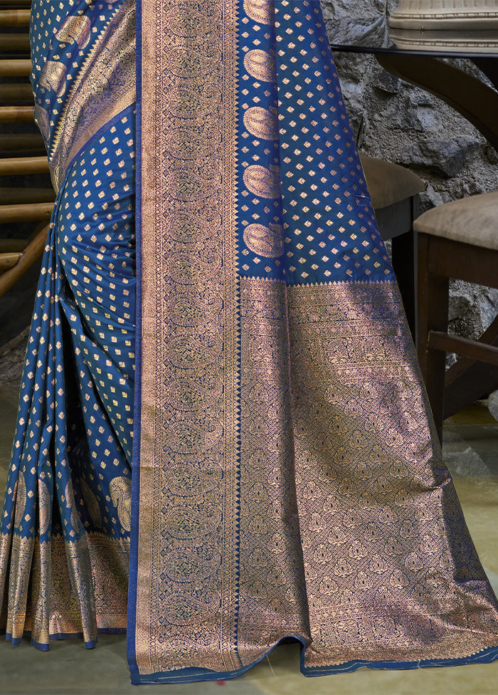 Blue Spun Silk Saree With Blouse Piece