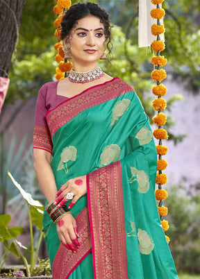 Teal Blue Dupion Silk Saree With Blouse Piece