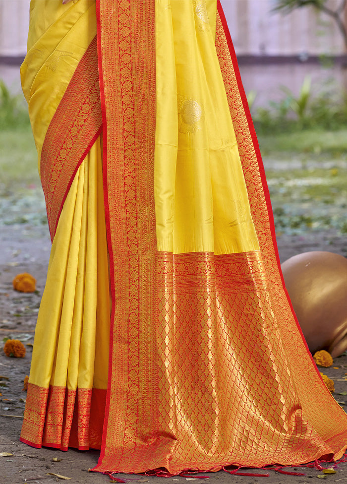 Yellow Dupion Silk Saree With Blouse Piece