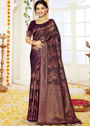 Wine Satin Silk Saree With Blouse Piece