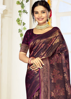 Wine Satin Silk Saree With Blouse Piece