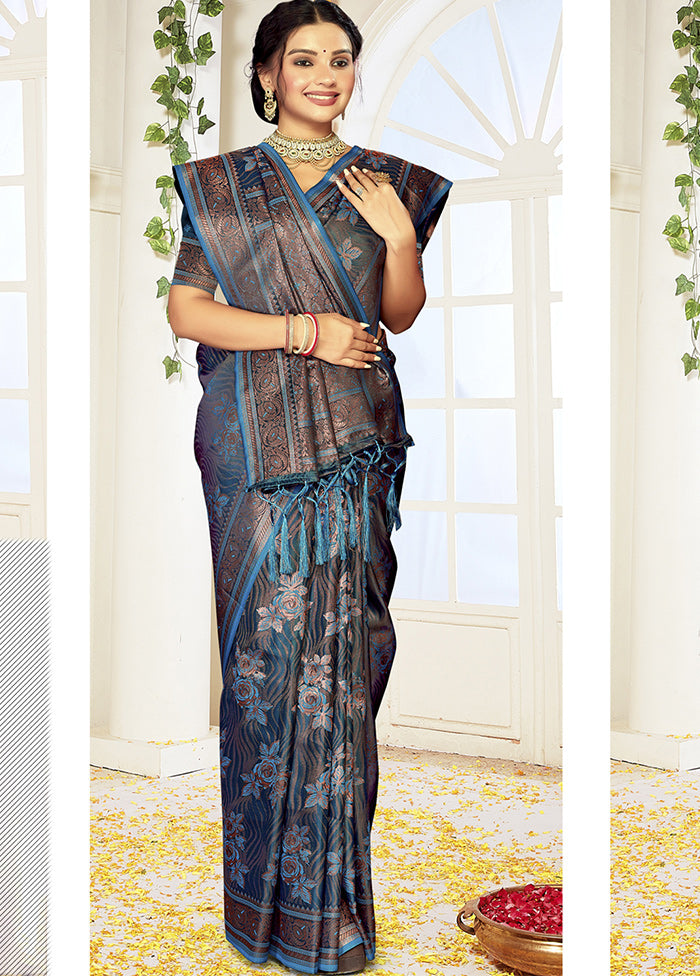 Blue Satin Silk Saree With Blouse Piece