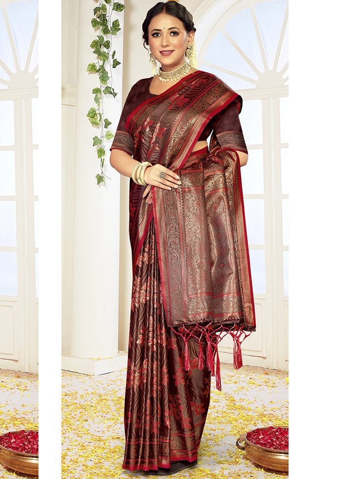 Maroon Satin Silk Saree With Blouse Piece