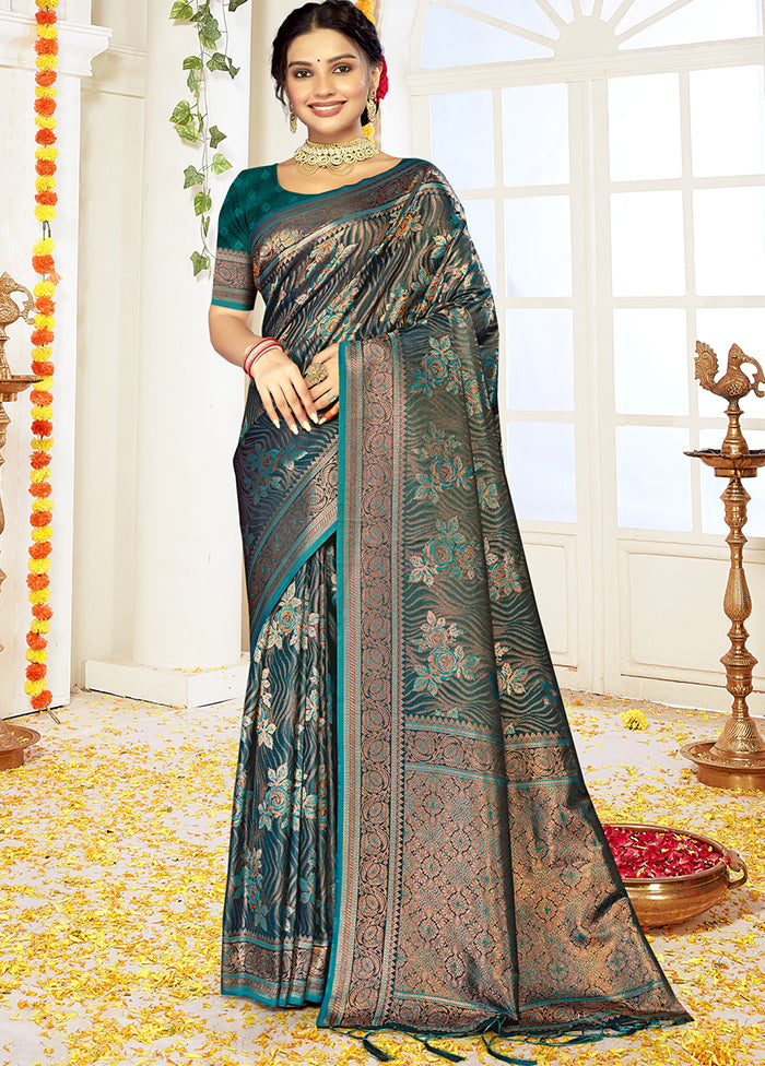 Rama Satin Silk Saree With Blouse Piece