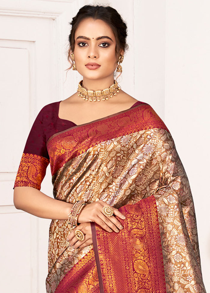 Brown Dupion Silk Saree With Blouse Piece