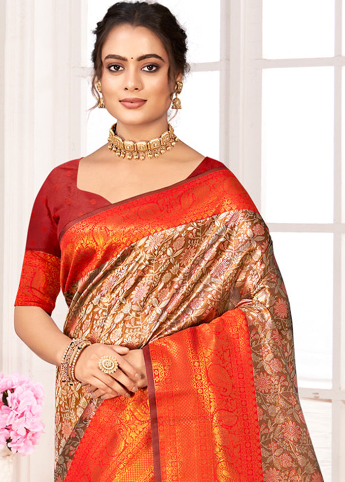 Brown Dupion Silk Saree With Blouse Piece - Indian Silk House Agencies