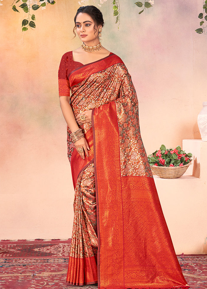 Red Dupion Silk Saree With Blouse Piece