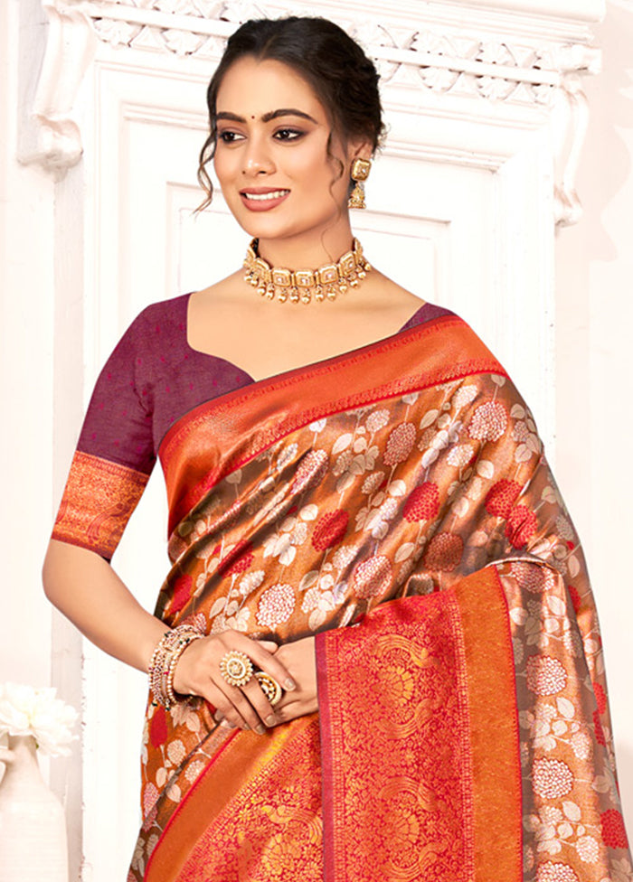 Brown Dupion Silk Saree With Blouse Piece