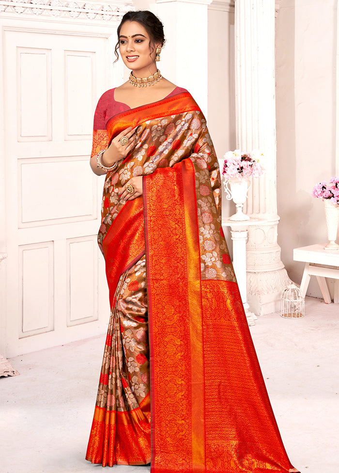 Brown Dupion Silk Saree With Blouse Piece