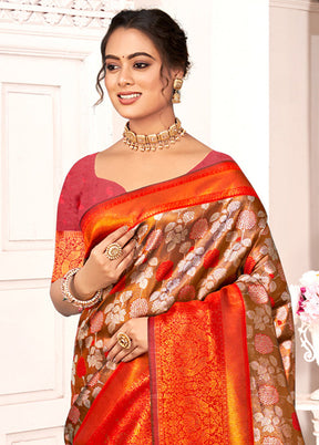 Brown Dupion Silk Saree With Blouse Piece