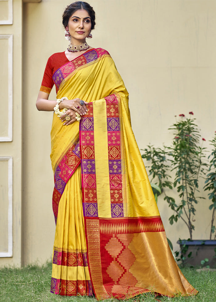 Yellow Dupion Silk Saree With Blouse Piece