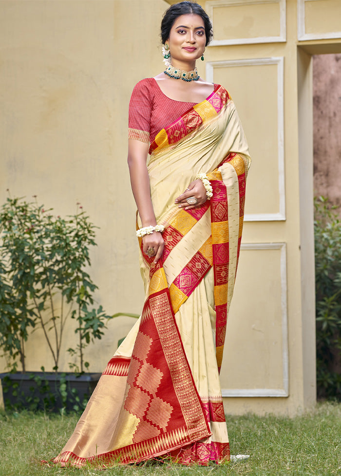 Cream Dupion Silk Saree With Blouse Piece