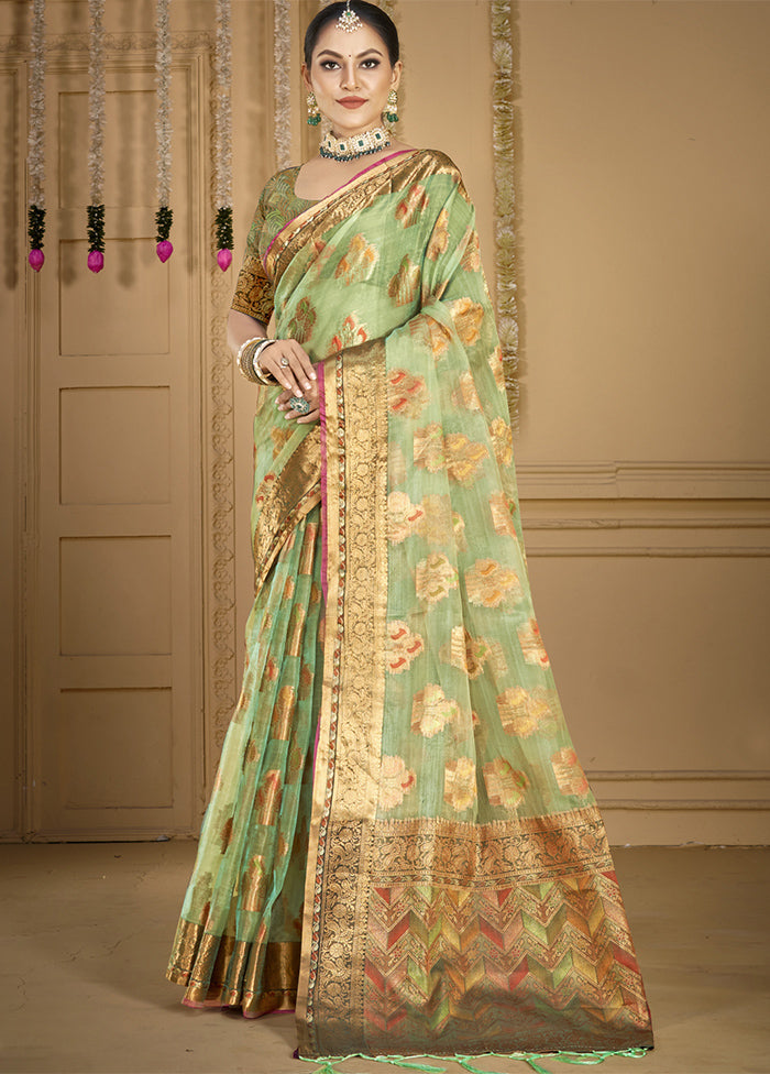 Pista Green Organza Saree With Blouse Piece