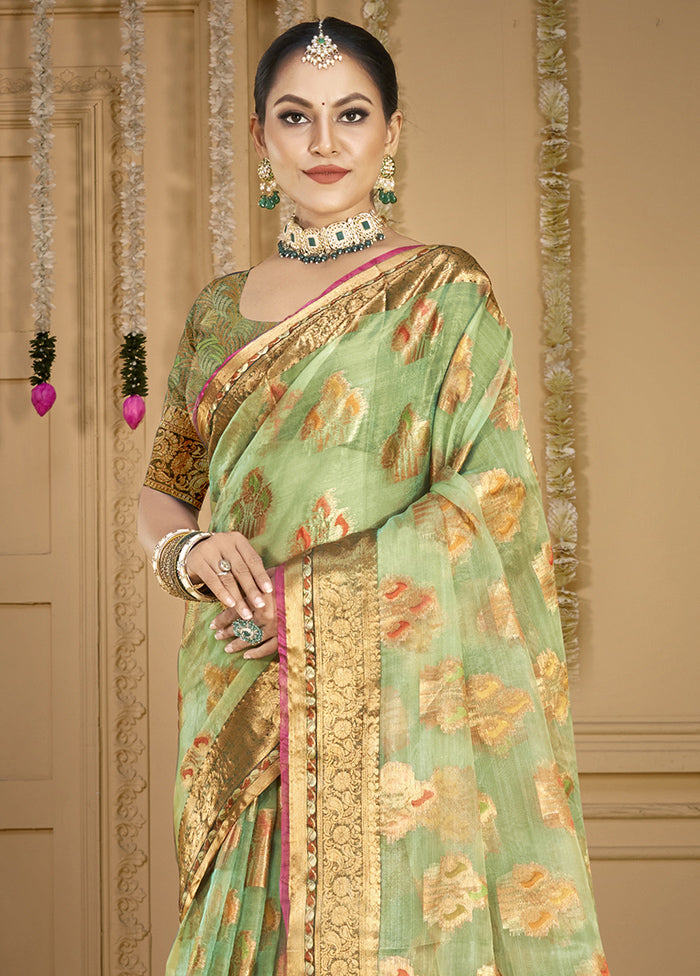 Pista Green Organza Saree With Blouse Piece