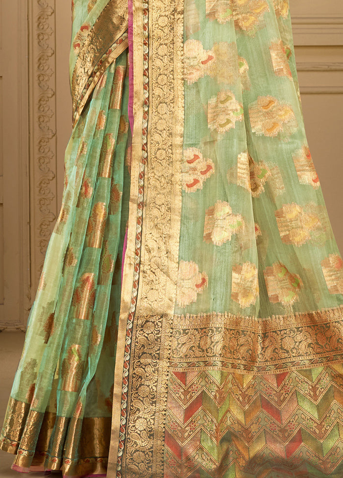 Pista Green Organza Saree With Blouse Piece