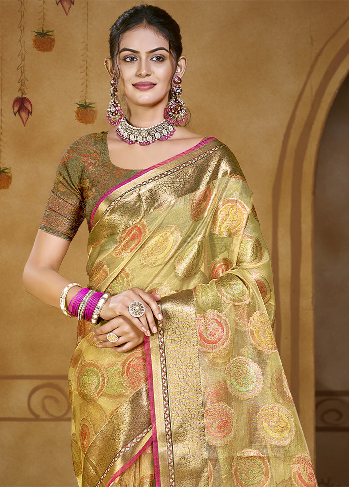 Olive Green Organza Saree With Blouse Piece