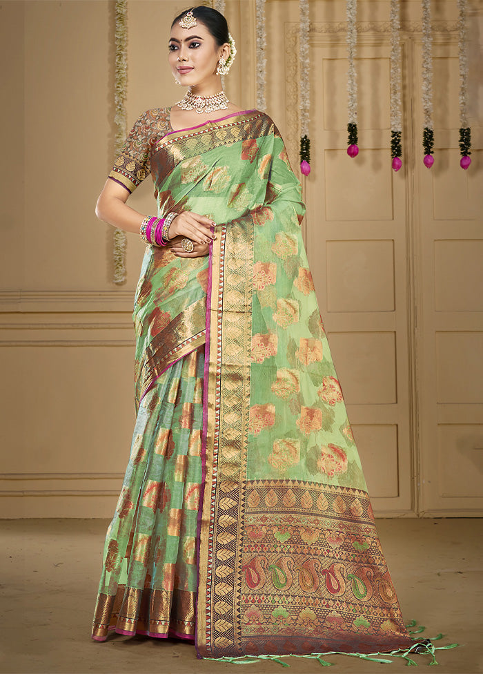 Pista Green Organza Saree With Blouse Piece