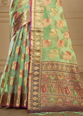 Pista Green Organza Saree With Blouse Piece