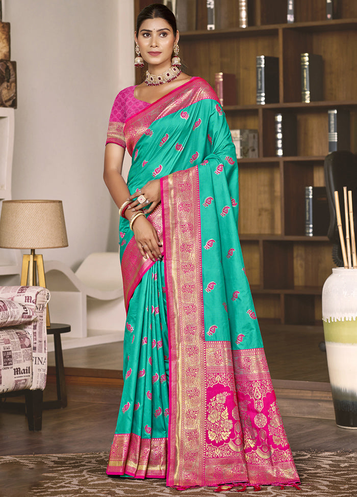 Teal Green Dupion Silk Saree With Blouse Piece