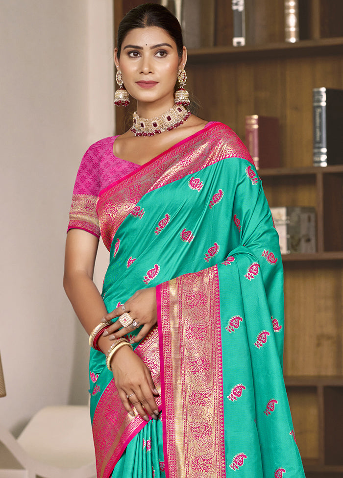 Teal Green Dupion Silk Saree With Blouse Piece