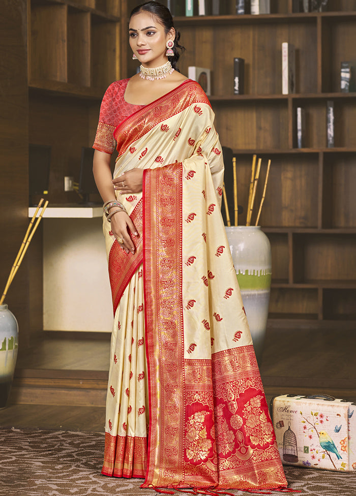 Cream Dupion Silk Saree With Blouse Piece