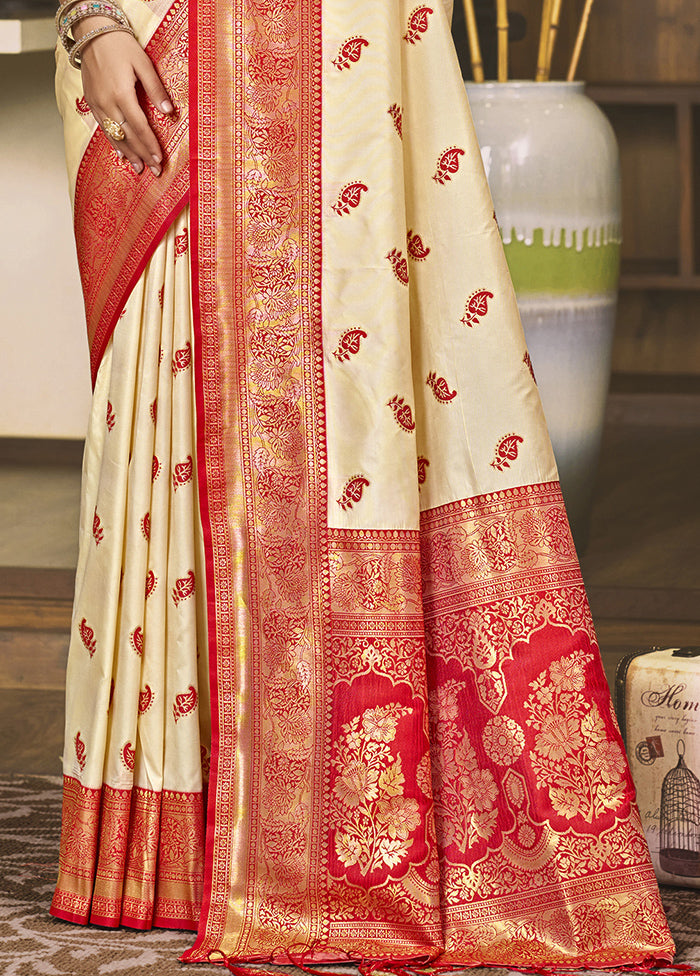 Cream Dupion Silk Saree With Blouse Piece