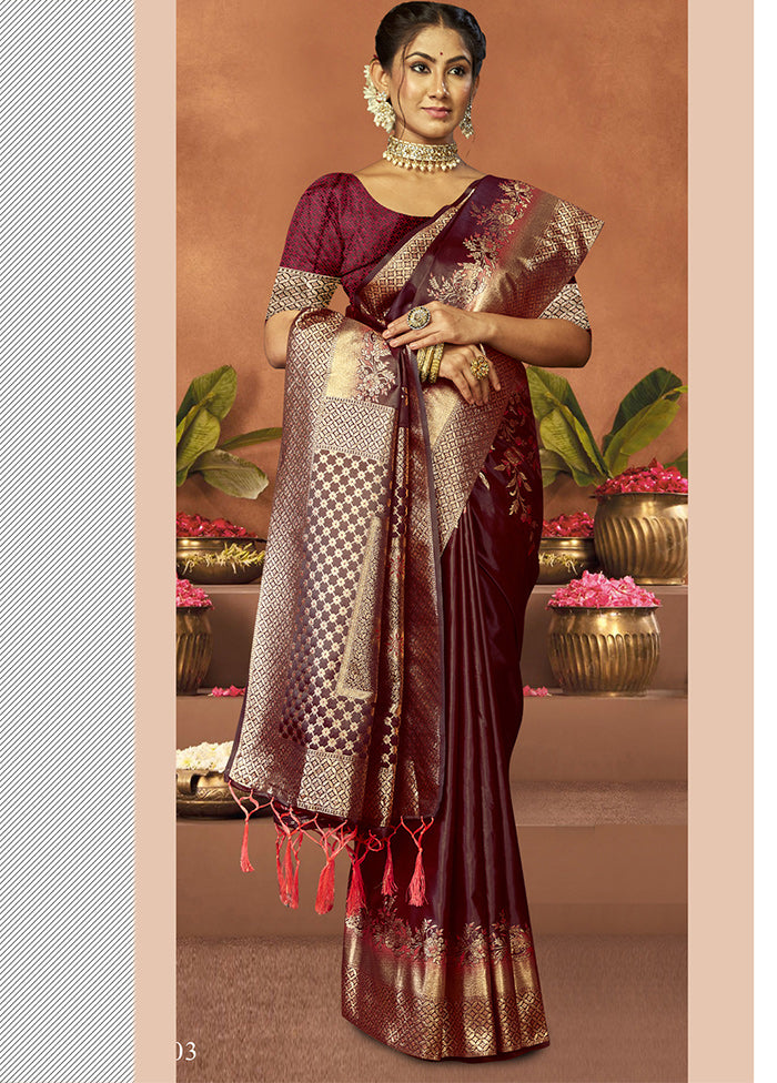 Wine Satin Silk Saree With Blouse Piece