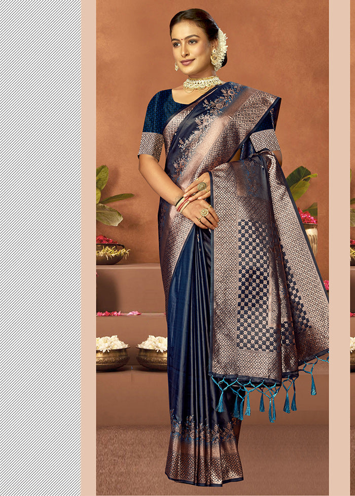 Blue Satin Silk Saree With Blouse Piece