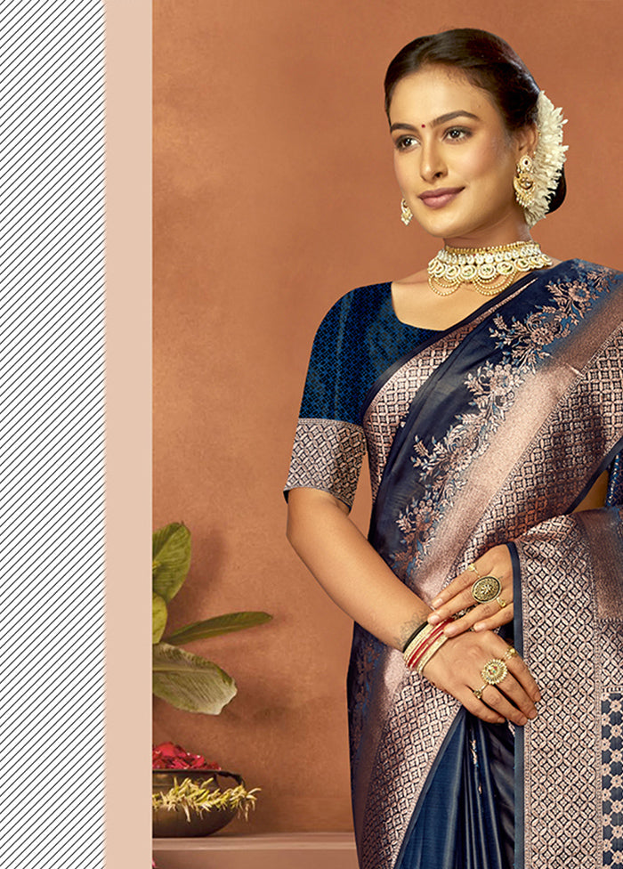 Blue Satin Silk Saree With Blouse Piece