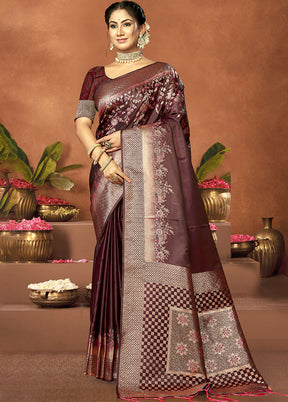 Brown Satin Silk Saree With Blouse Piece