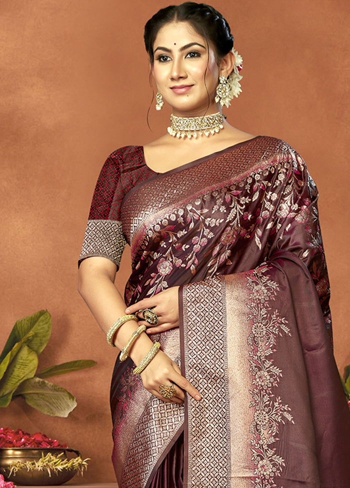 Brown Satin Silk Saree With Blouse Piece